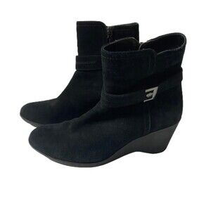 Blondo Black Suede Leather Waterproof Ankle Boots Buckle Wedge Heel 8M (flaw)